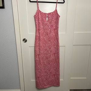 Zara Pink and Red Swirl Jacquard Spaghetti Strap Body Con Midi Dress Size Large